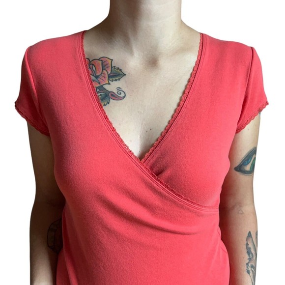 Women's Express Short Cap Sleeve Wrap Look T Shirt Size M Medium Stretchy Orange - Picture 8 of 13